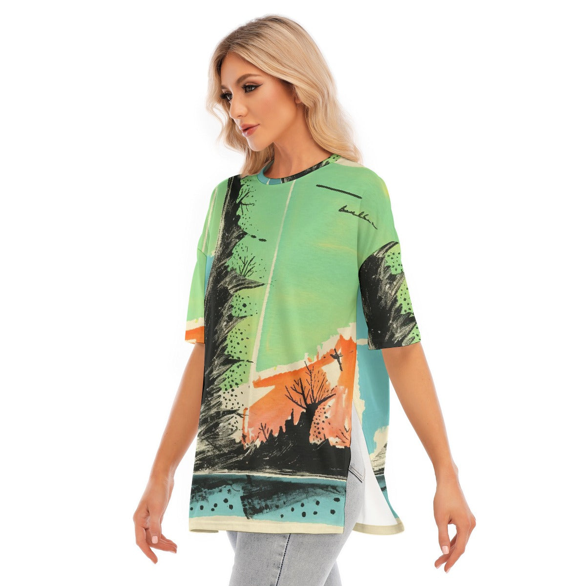 All-Over Print Women's Short Sleeves T-shirt With Hem Split