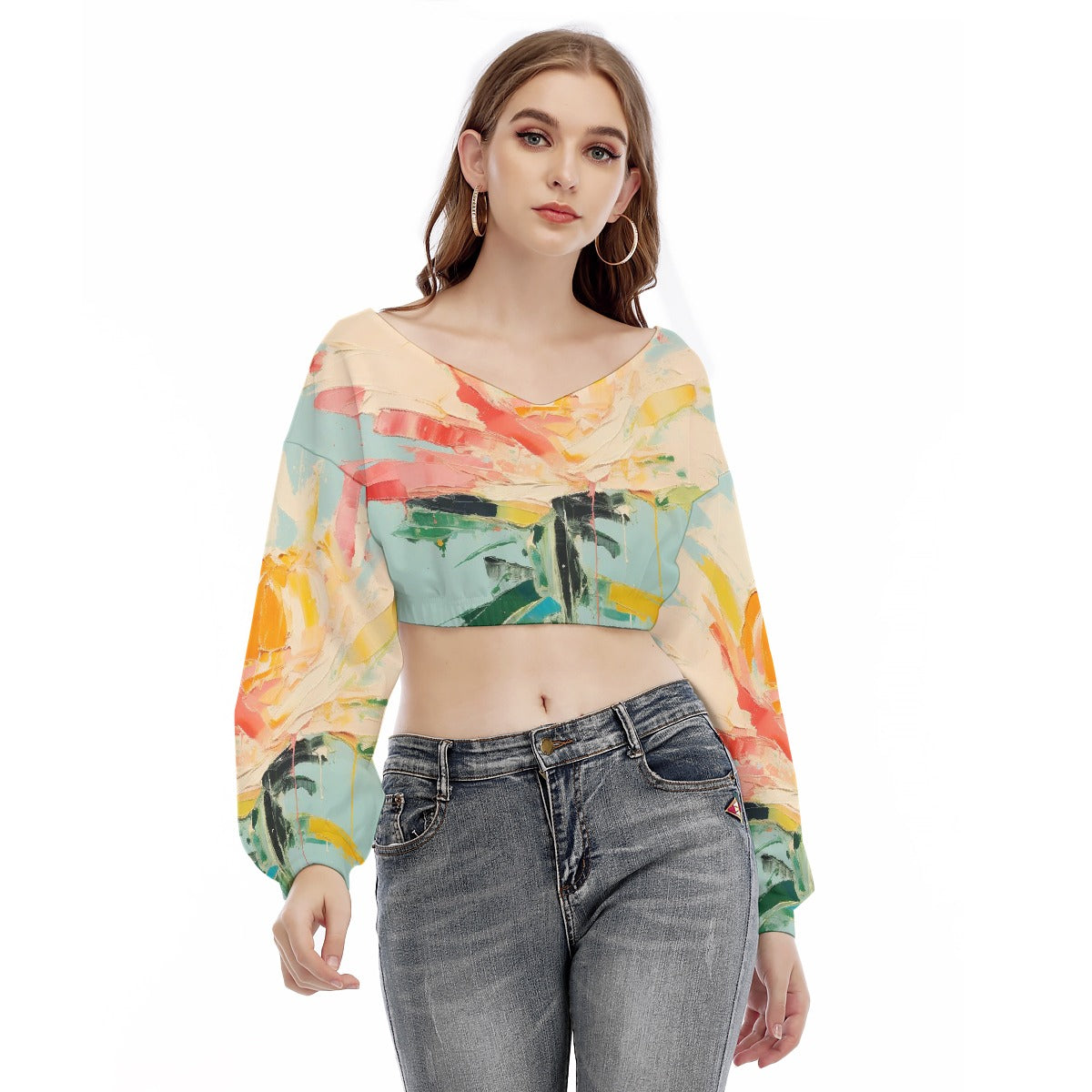 All-Over Print Women's V-neck Long Sleeve Cropped Sweatshirt