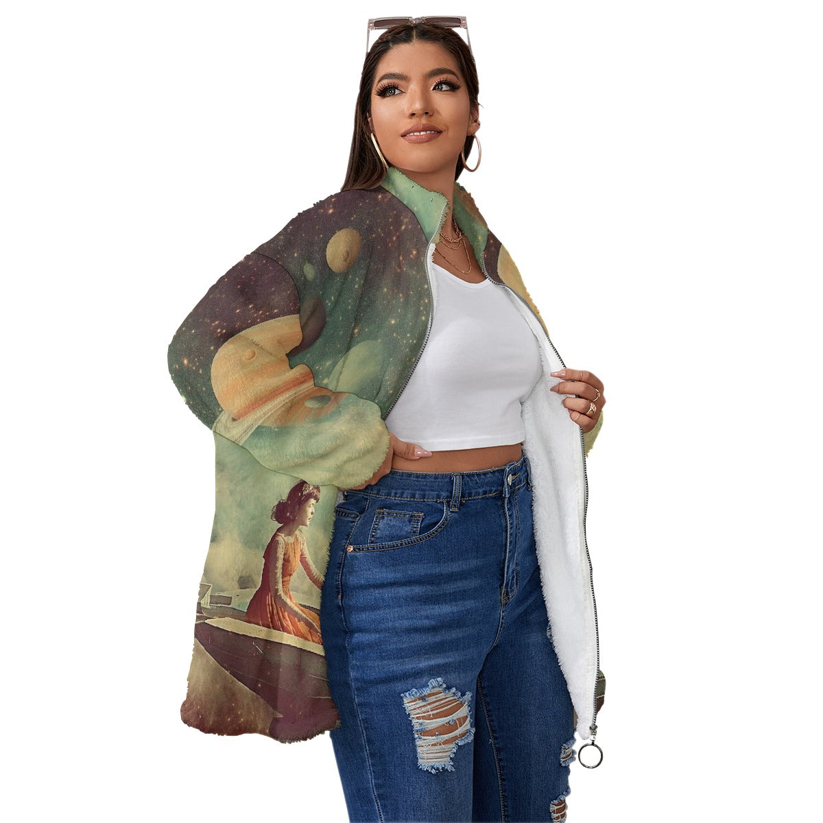 All-Over Print Unisex Borg Fleece Stand-up Collar Coat With Zipper Closure(Plus Size)