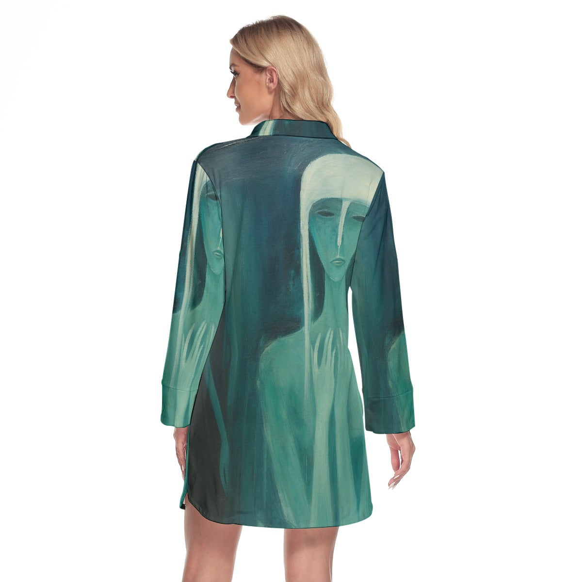 All-Over Print Women's Lapel Shirt Dress With Long Sleeve