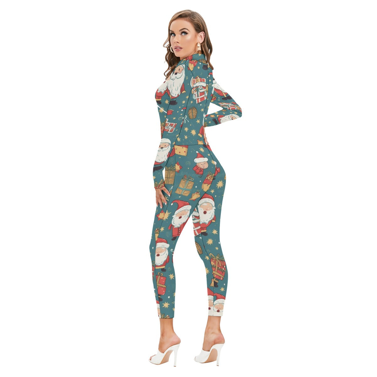 All-Over Print Women's Long-sleeved High-neck Jumpsuit With Zipper