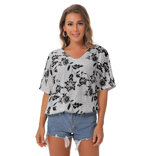 All-Over Print Women's Bat Sleeves V-Neck Blouse