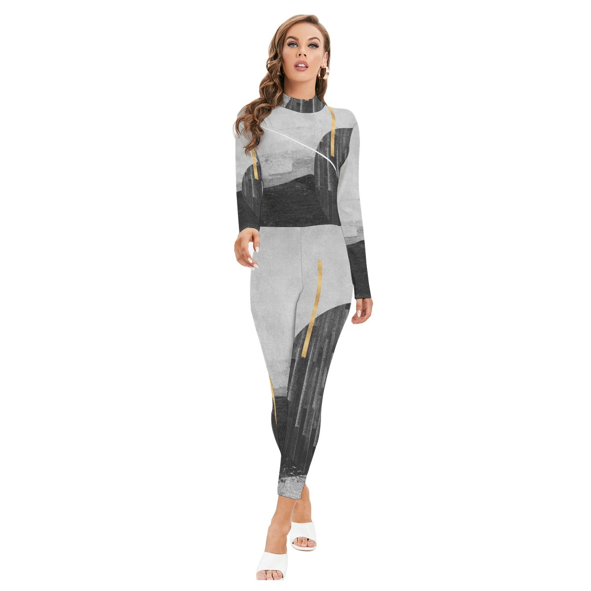 All-Over Print Women's Long-sleeved High-neck Jumpsuit With Zipper