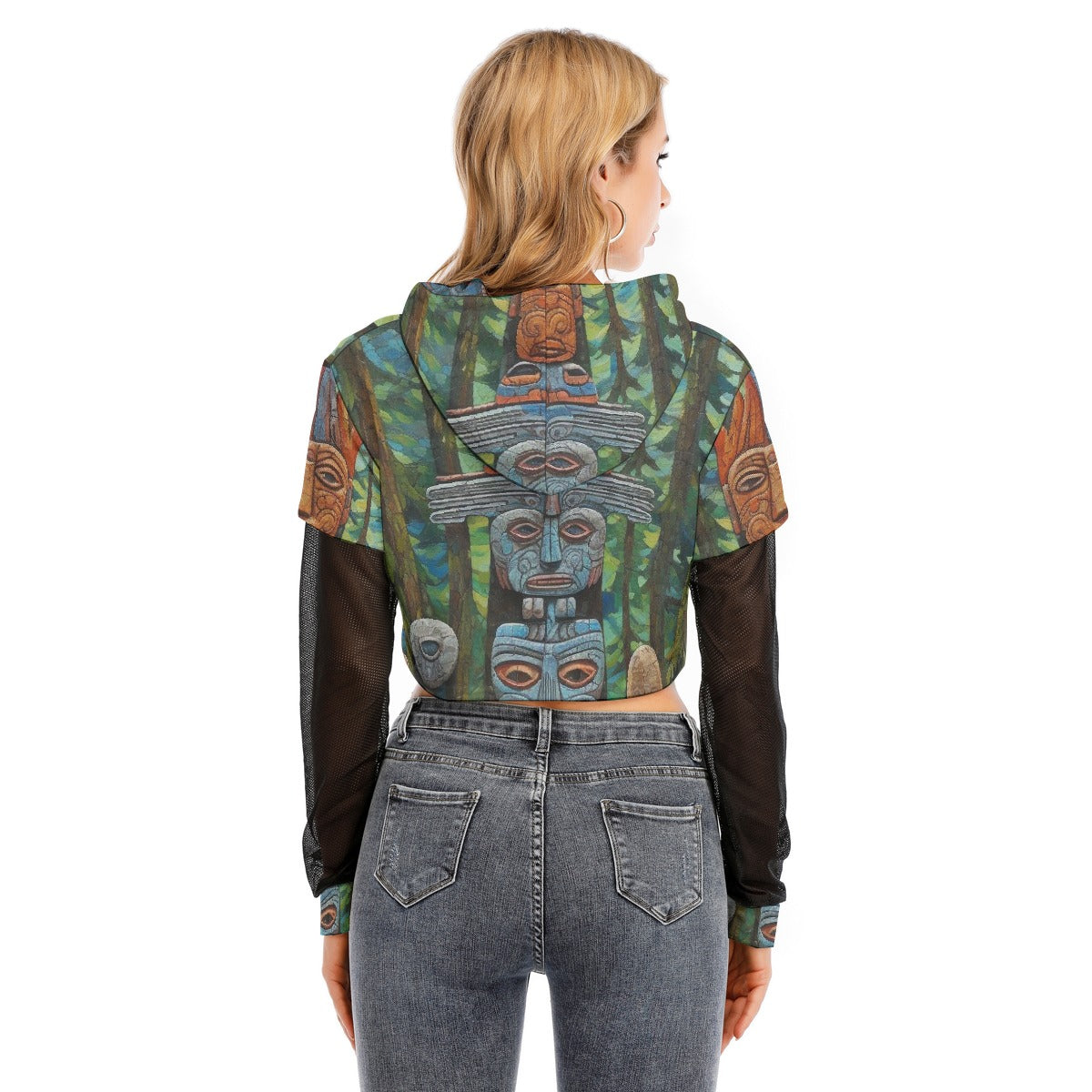 All-Over Print Women's Fake Two-piece Mesh Sleeve Cropped Hoodie