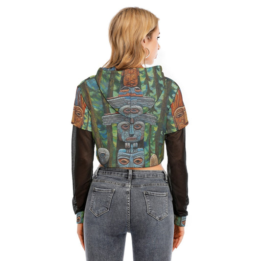 All-Over Print Women's Fake Two-piece Mesh Sleeve Cropped Hoodie