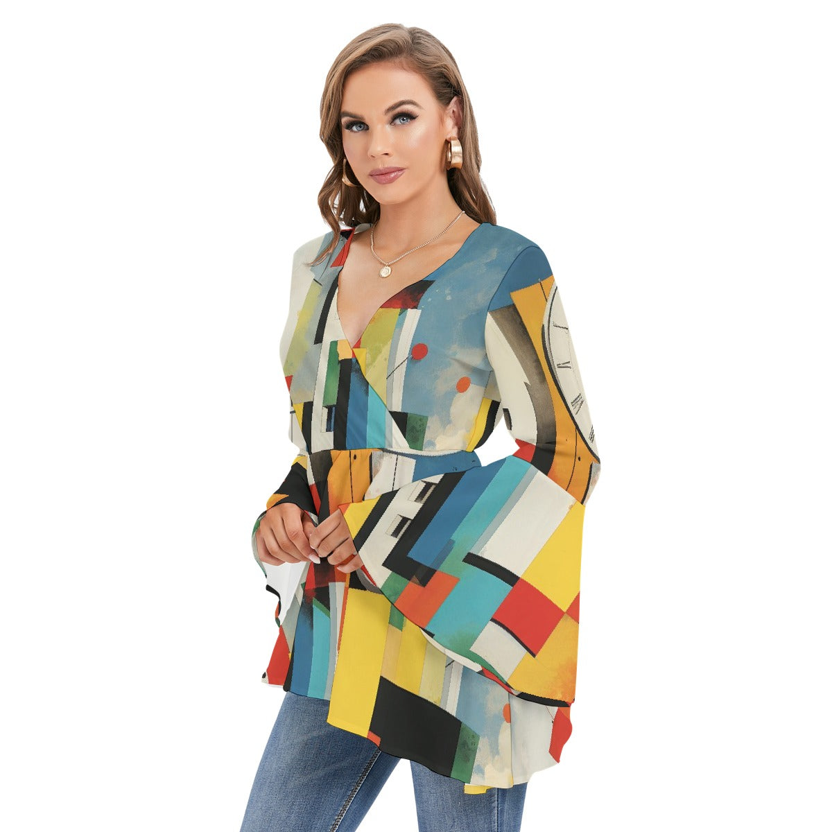 All-Over Print Women's V-neck Blouse With Flared Sleeves