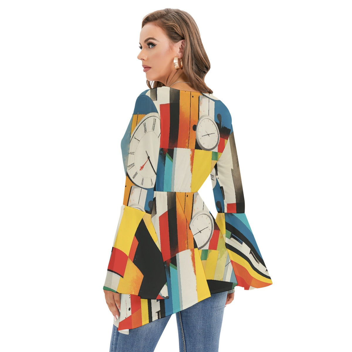 All-Over Print Women's V-neck Blouse With Flared Sleeves