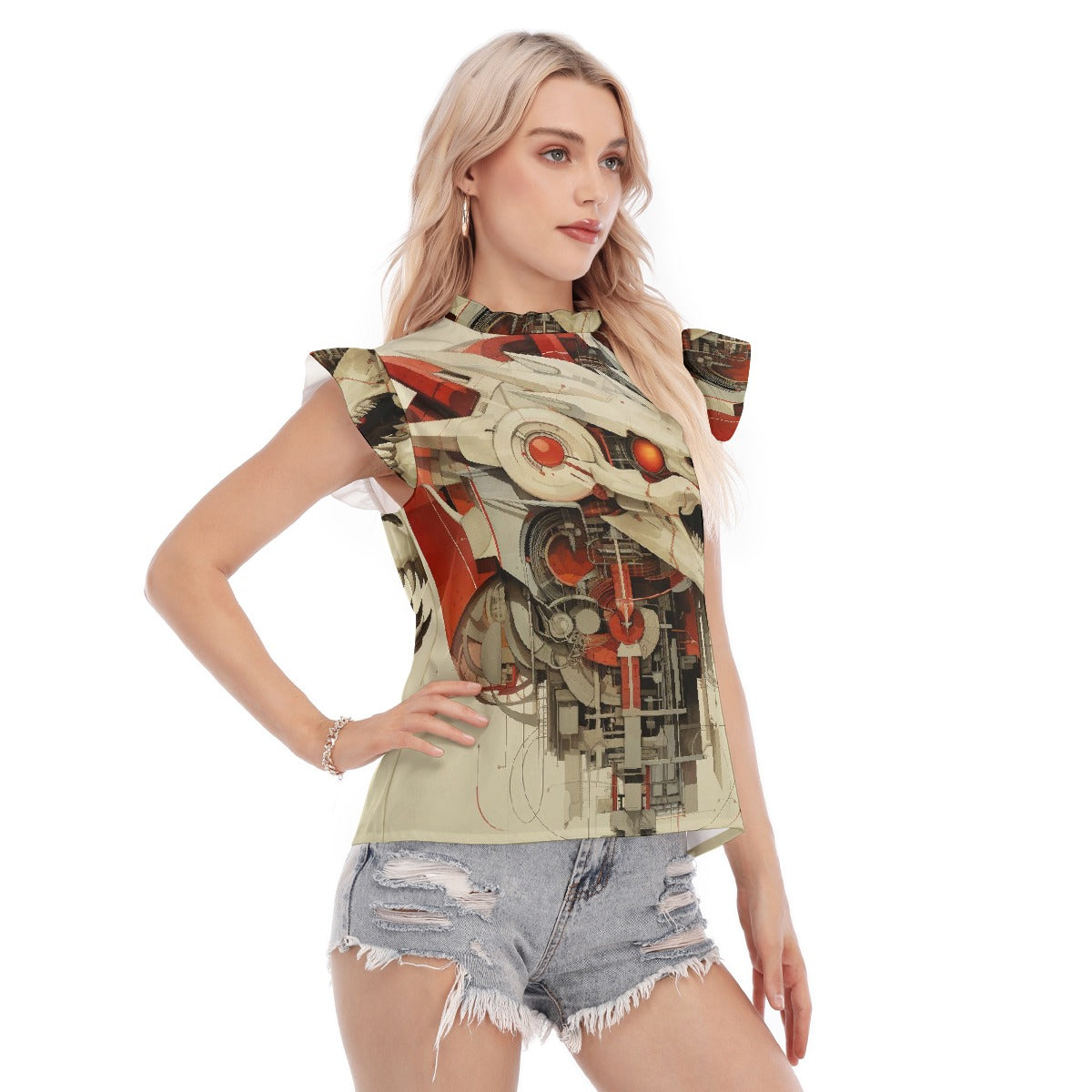 All-Over Print Women's Blouse With Ruffle Collar And Sleeve