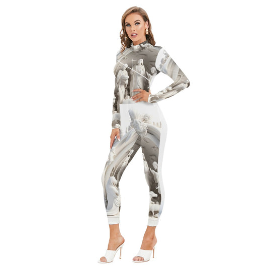 All-Over Print Women's Long-sleeved High-neck Jumpsuit With Zipper