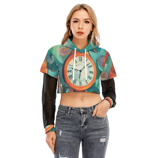 All-Over Print Women's Fake Two-piece Mesh Sleeve Cropped Hoodie