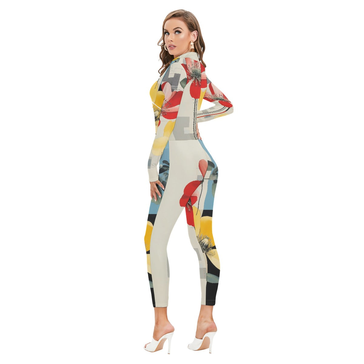All-Over Print Women's Long-sleeved High-neck Jumpsuit With Zipper