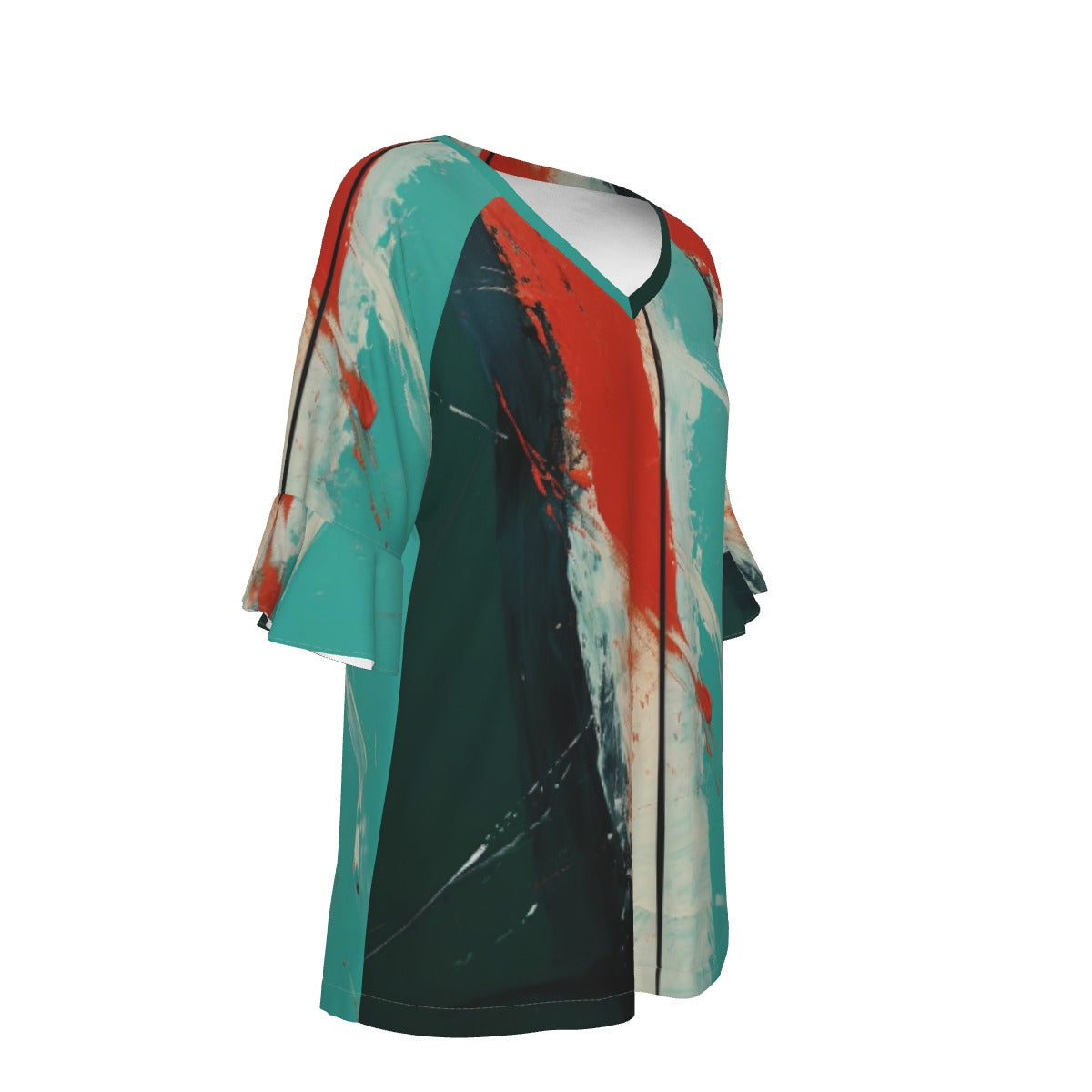 All-Over Print V-neck Women's T-shirt With Bell Sleeve