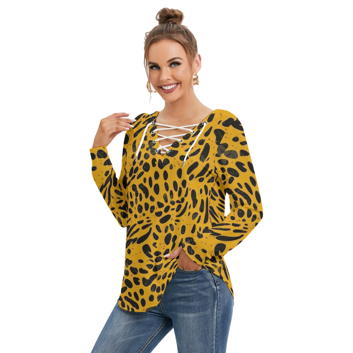 All-Over Print Women's Long Sleeve Neckline Tie Sweatshirt