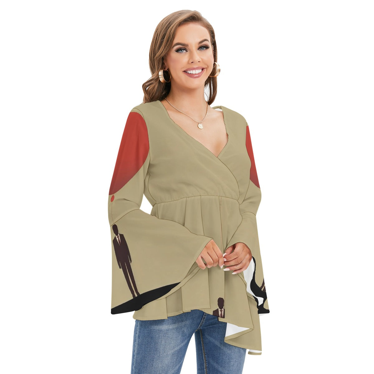 All-Over Print Women's V-neck Blouse With Flared Sleeves