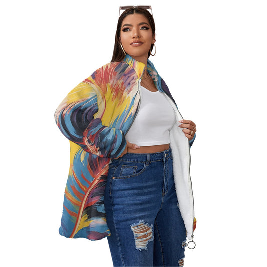 All-Over Print Unisex Borg Fleece Stand-up Collar Coat With Zipper Closure(Plus Size)