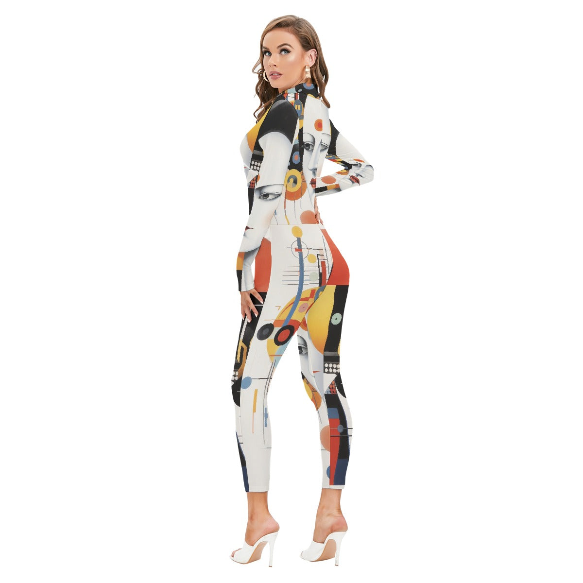 All-Over Print Women's Long-sleeved High-neck Jumpsuit With Zipper