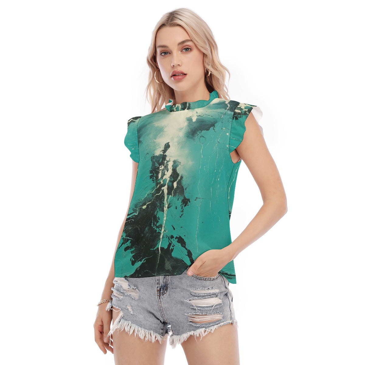 All-Over Print Women's Blouse With Ruffle Collar And Sleeve