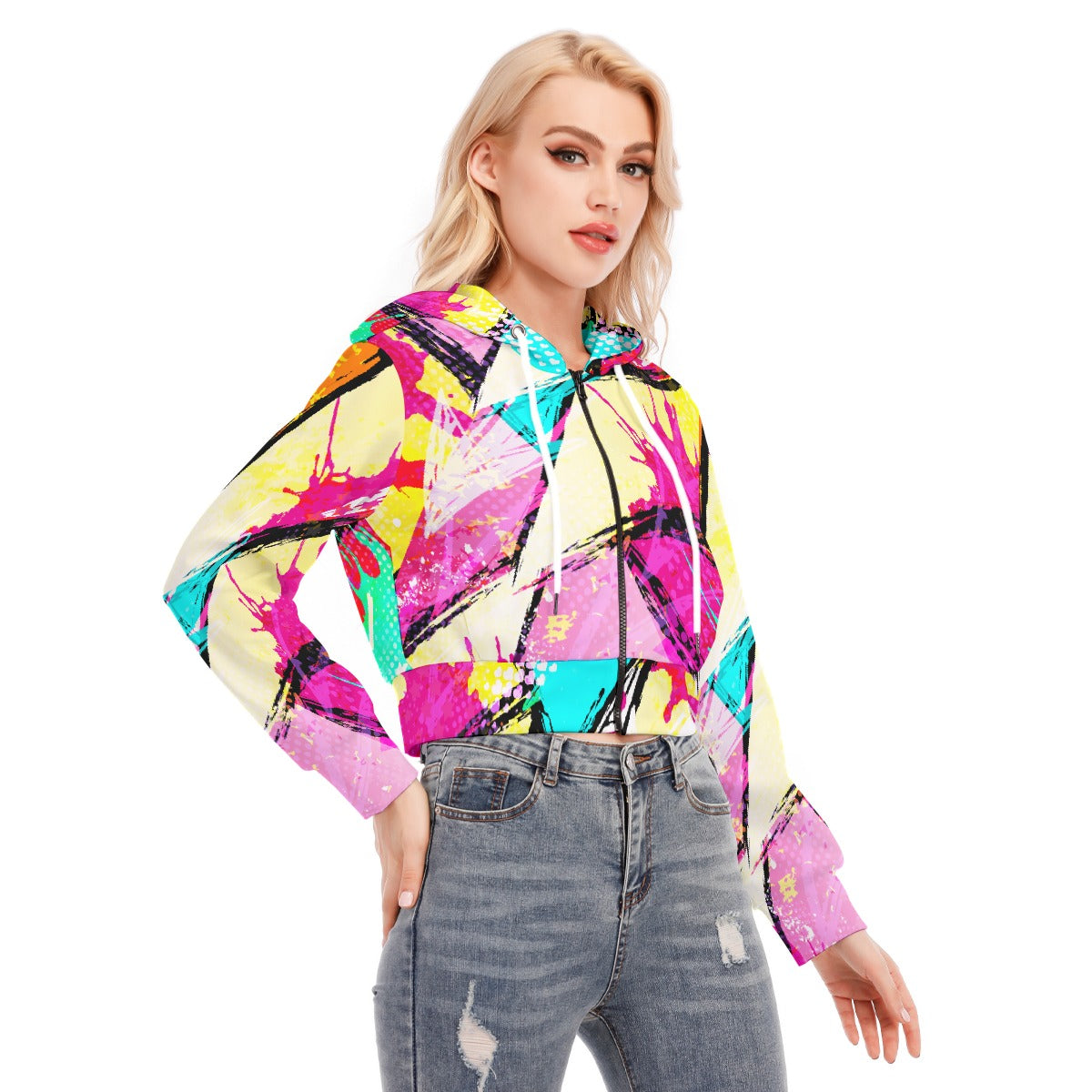 All-Over Print Women's Crop Top Hoodie With Zipper Closure