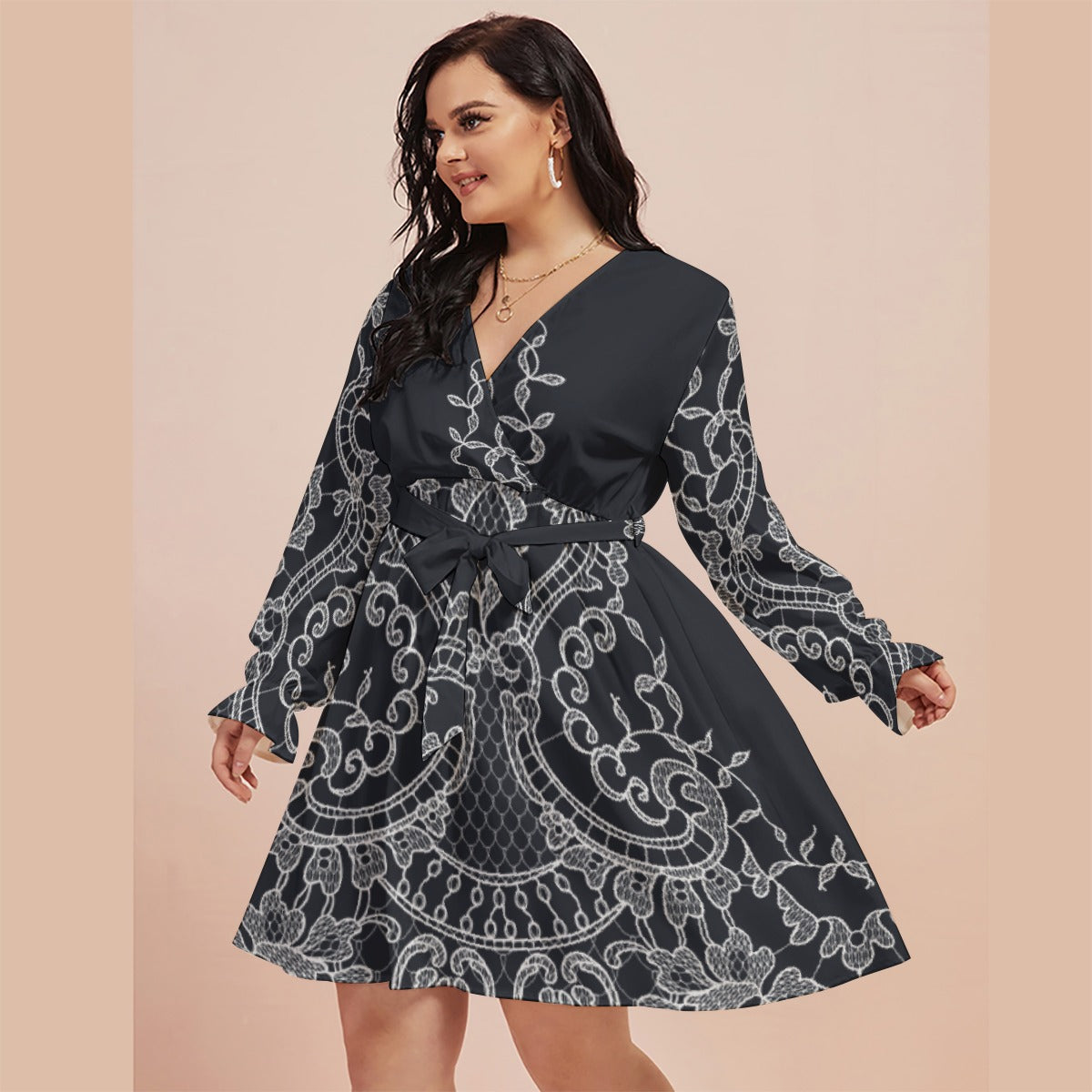 All-Over Print Women's V-neck Dress With Waistband(Plus Size)