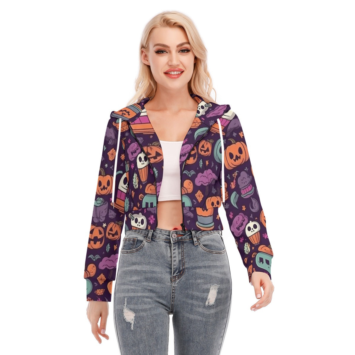 All-Over Print Women's Crop Top Hoodie With Zipper Closure