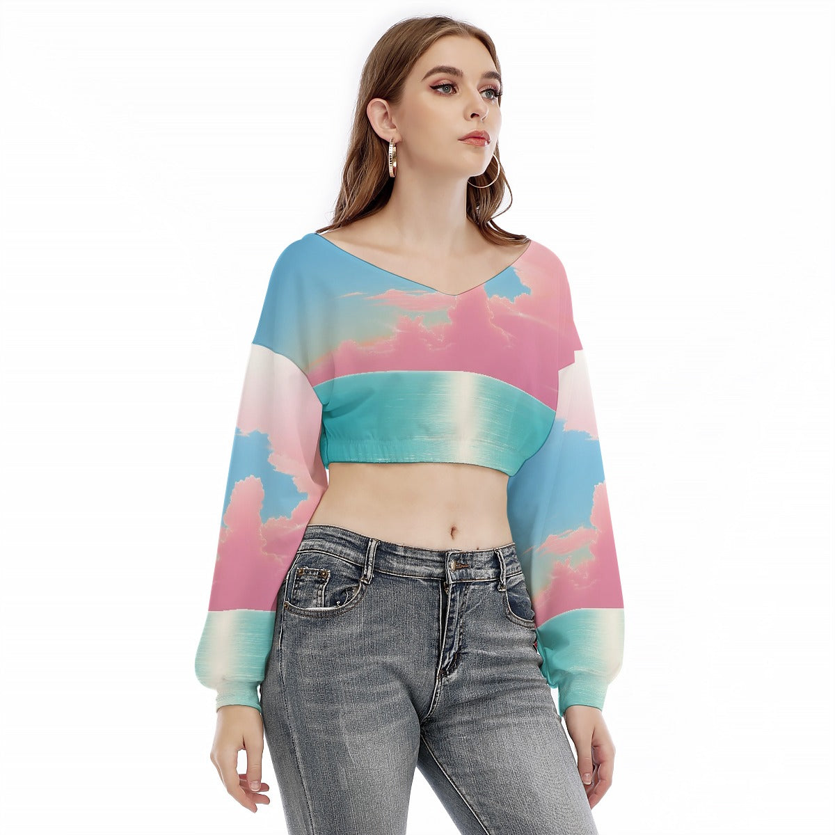 All-Over Print Women's V-neck Long Sleeve Cropped Sweatshirt