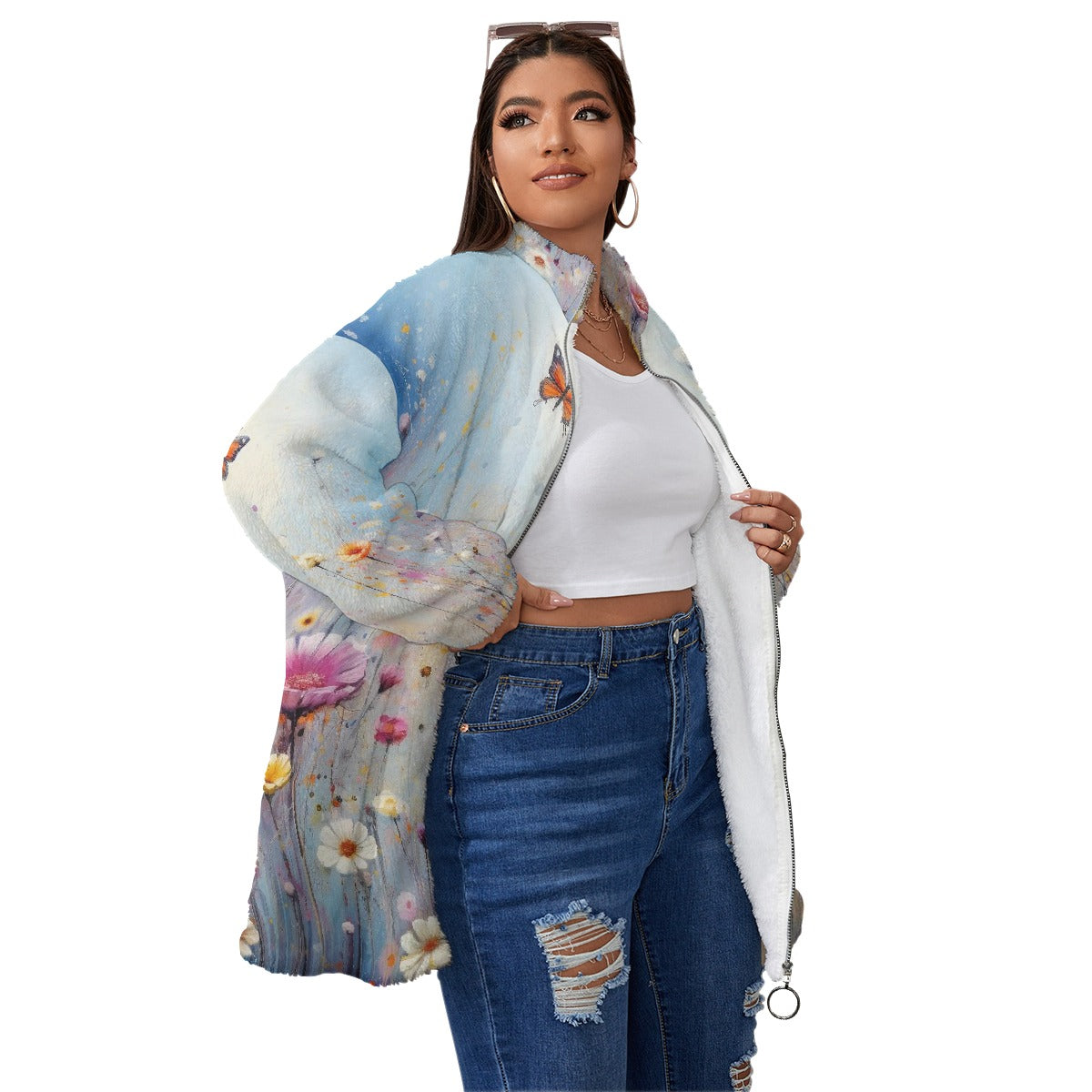 All-Over Print Unisex Borg Fleece Stand-up Collar Coat With Zipper Closure(Plus Size)