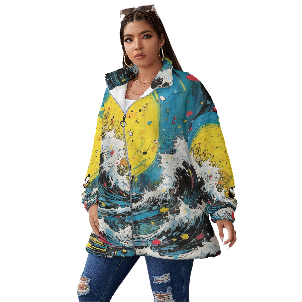 All-Over Print Unisex Borg Fleece Stand-up Collar Coat With Zipper Closure(Plus Size)
