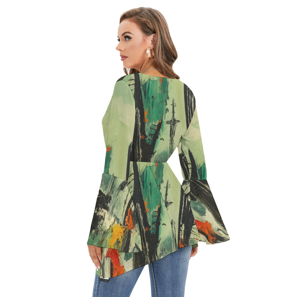 All-Over Print Women's V-neck Blouse With Flared Sleeves
