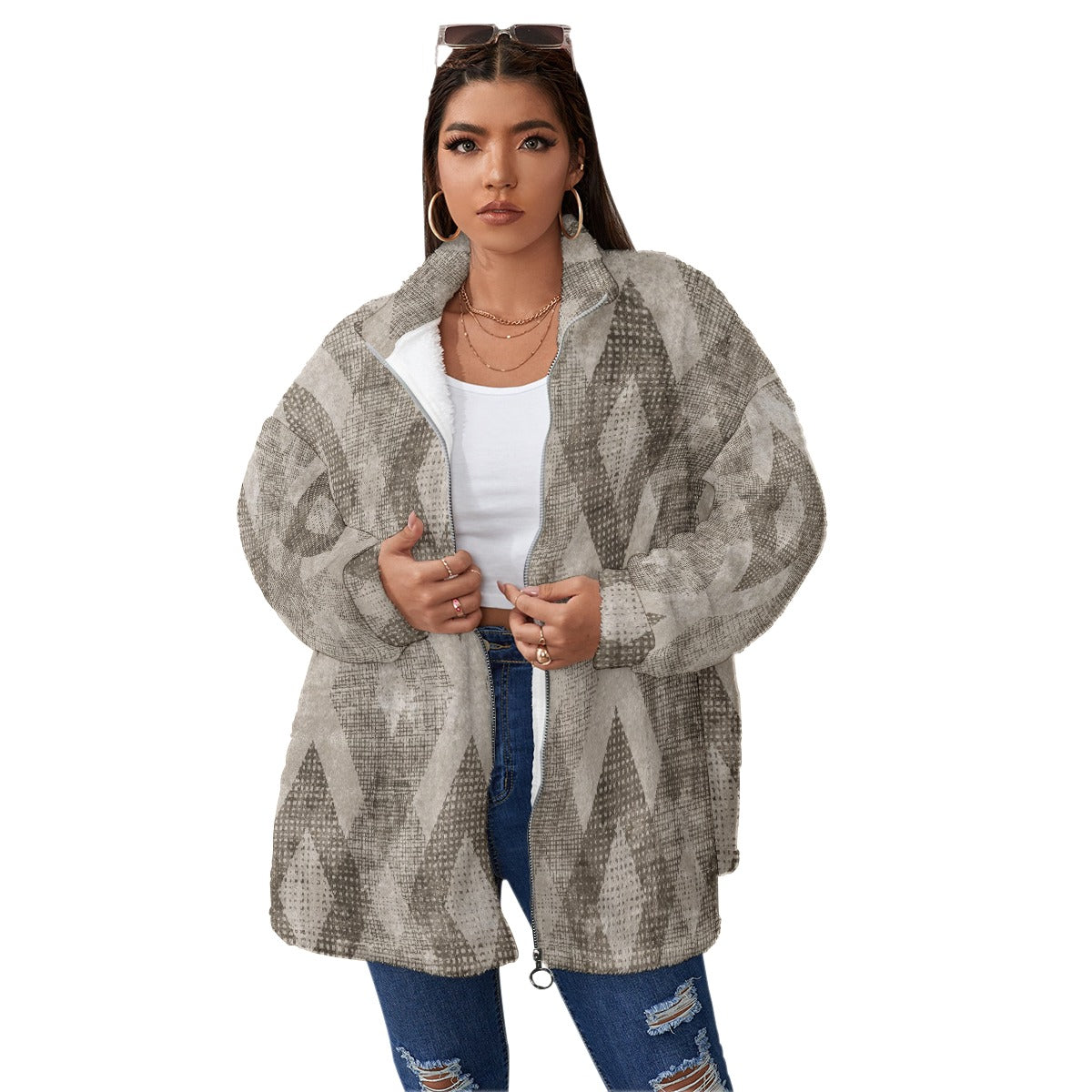 All-Over Print Unisex Borg Fleece Stand-up Collar Coat With Zipper Closure(Plus Size)