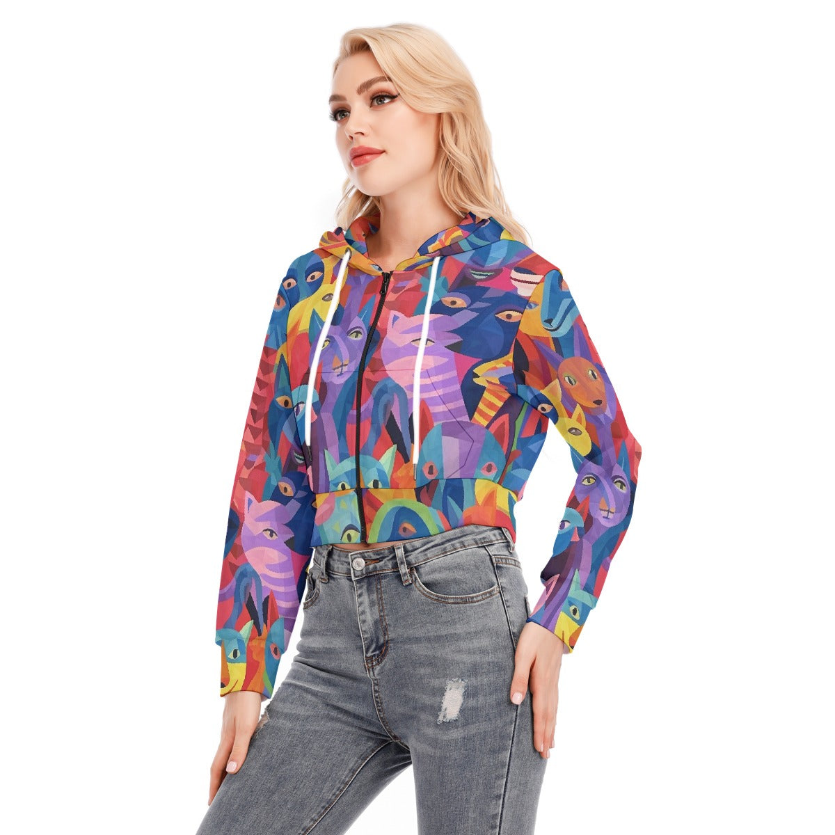 All-Over Print Women's Crop Top Hoodie With Zipper Closure