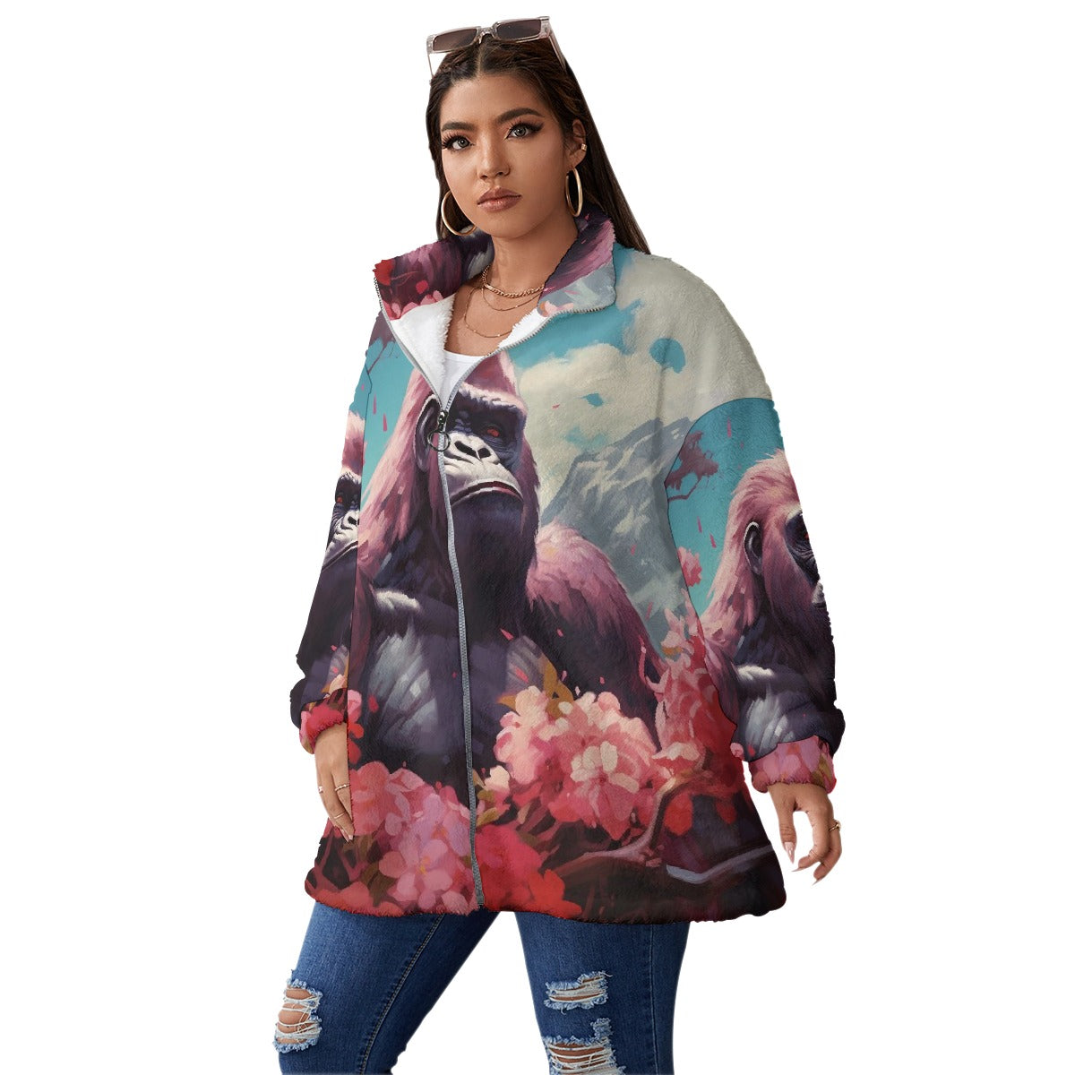 All-Over Print Unisex Borg Fleece Stand-up Collar Coat With Zipper Closure(Plus Size)