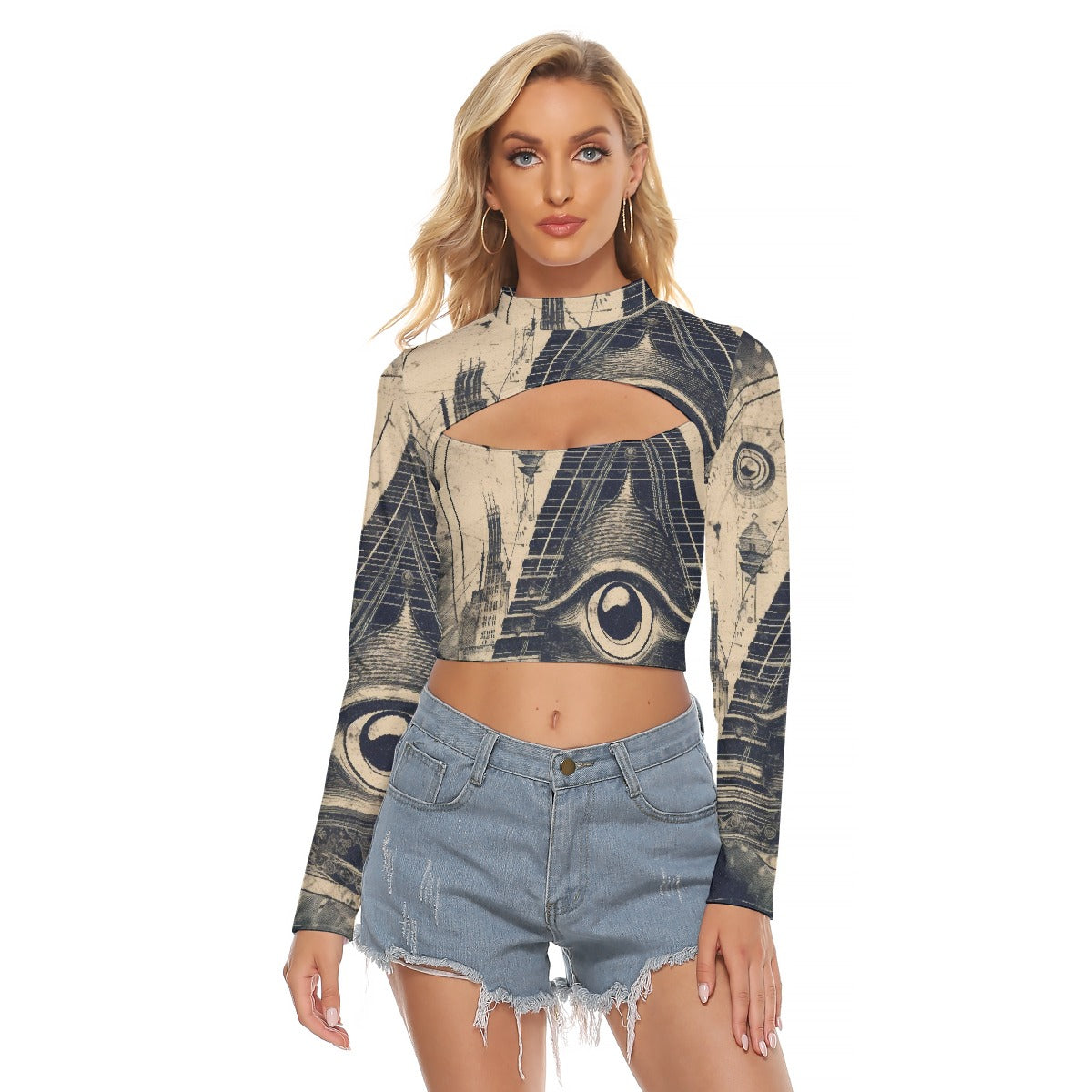 All-Over Print Women's Hollow Chest Keyhole Tight Crop Top