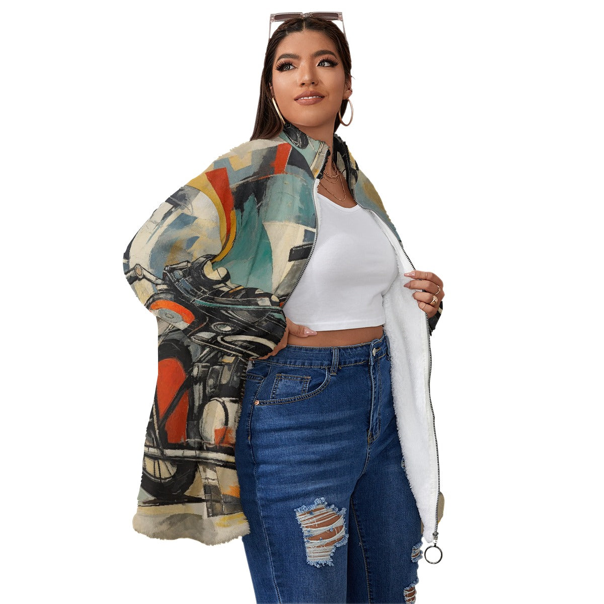 All-Over Print Unisex Borg Fleece Stand-up Collar Coat With Zipper Closure(Plus Size)