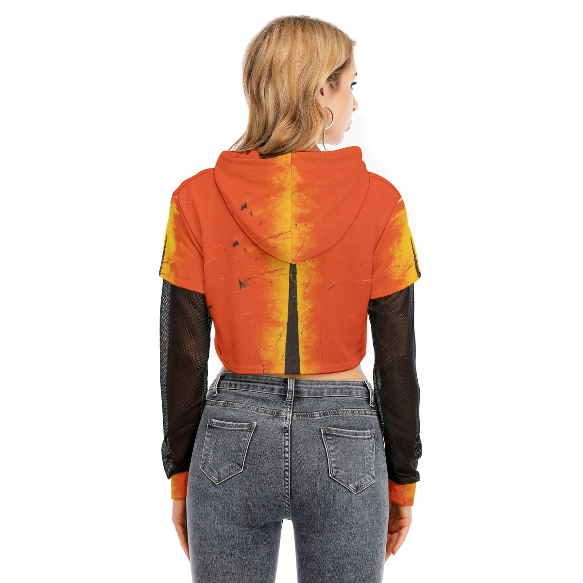 All-Over Print Women's Fake Two-piece Mesh Sleeve Cropped Hoodie