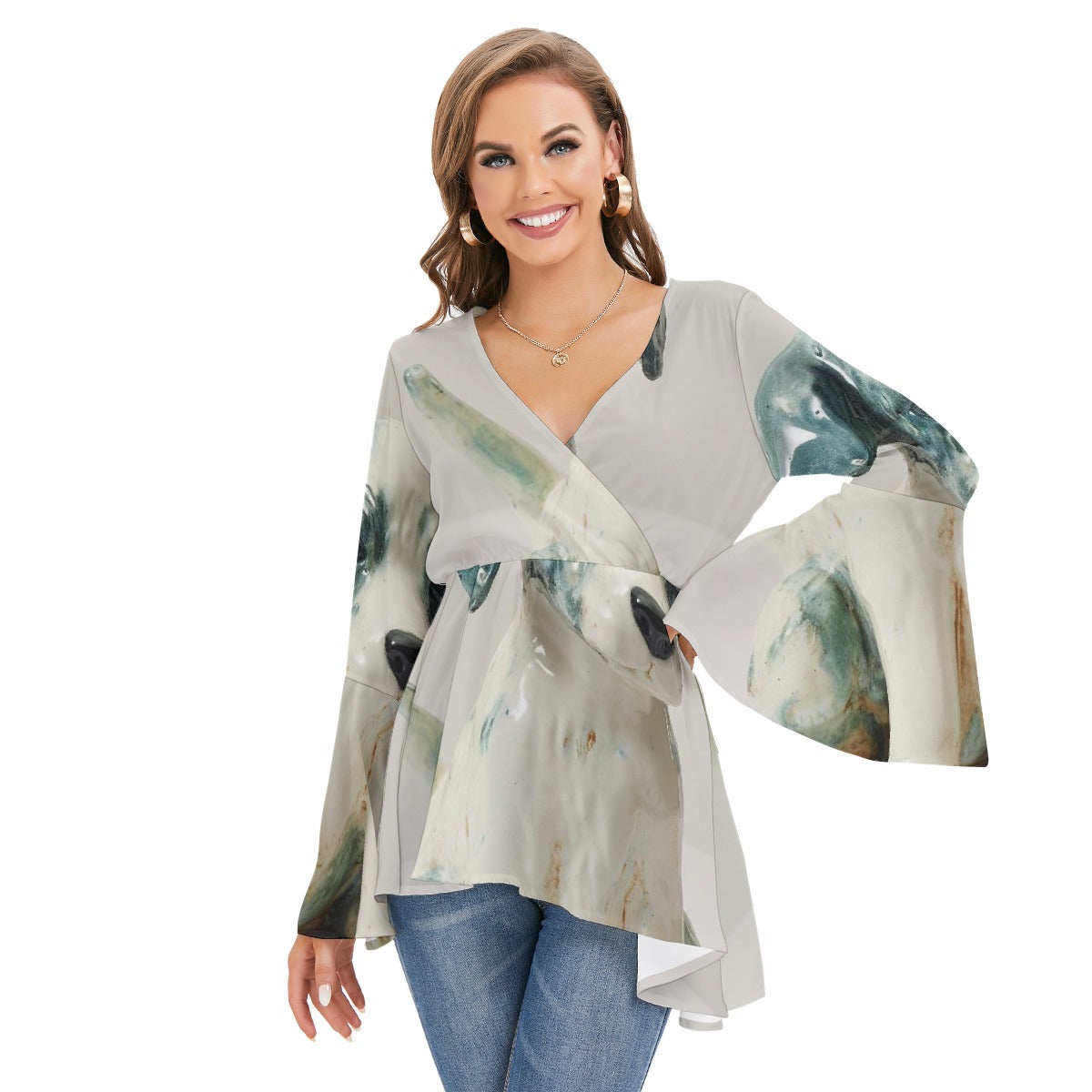 All-Over Print Women's V-neck Blouse With Flared Sleeves