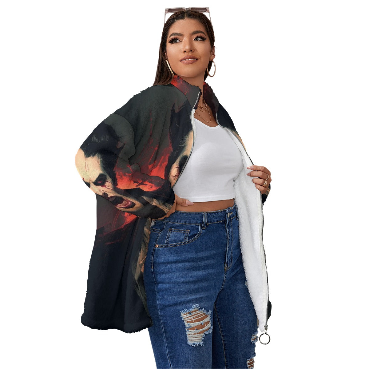 All-Over Print Unisex Borg Fleece Stand-up Collar Coat With Zipper Closure(Plus Size)