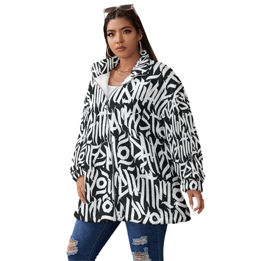All-Over Print Unisex Borg Fleece Stand-up Collar Coat With Zipper Closure(Plus Size)