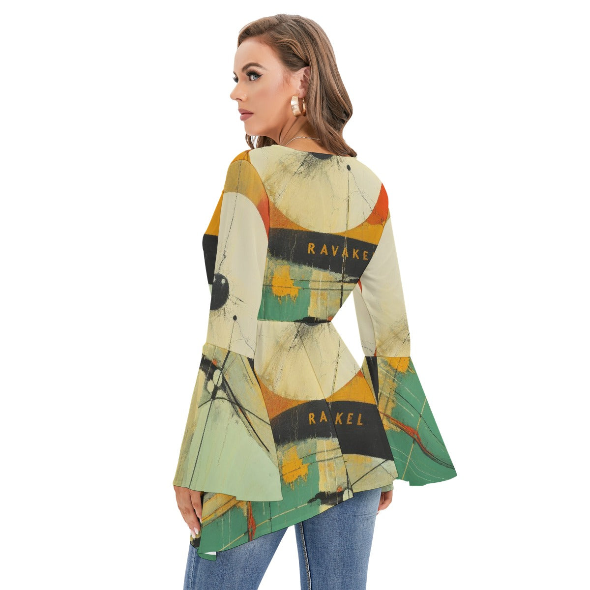 All-Over Print Women's V-neck Blouse With Flared Sleeves