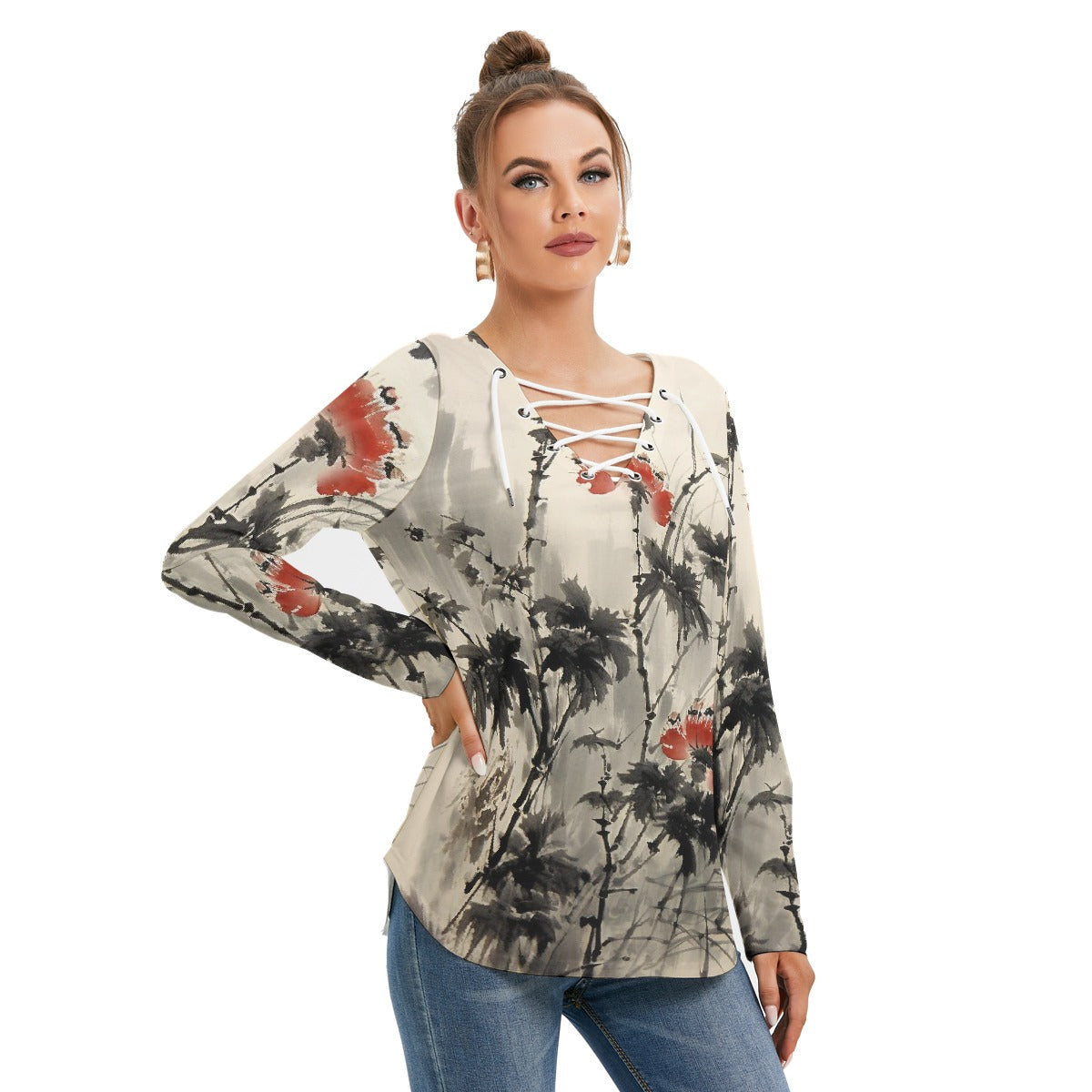 All-Over Print Women's Long Sleeve Neckline Tie Sweatshirt