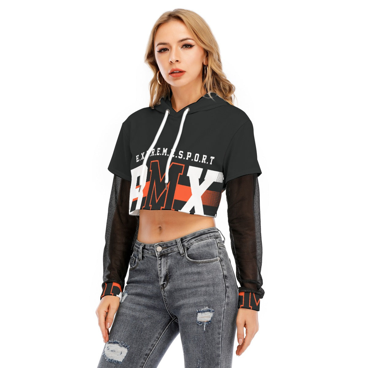 All-Over Print Women's Fake Two-piece Mesh Sleeve Cropped Hoodie