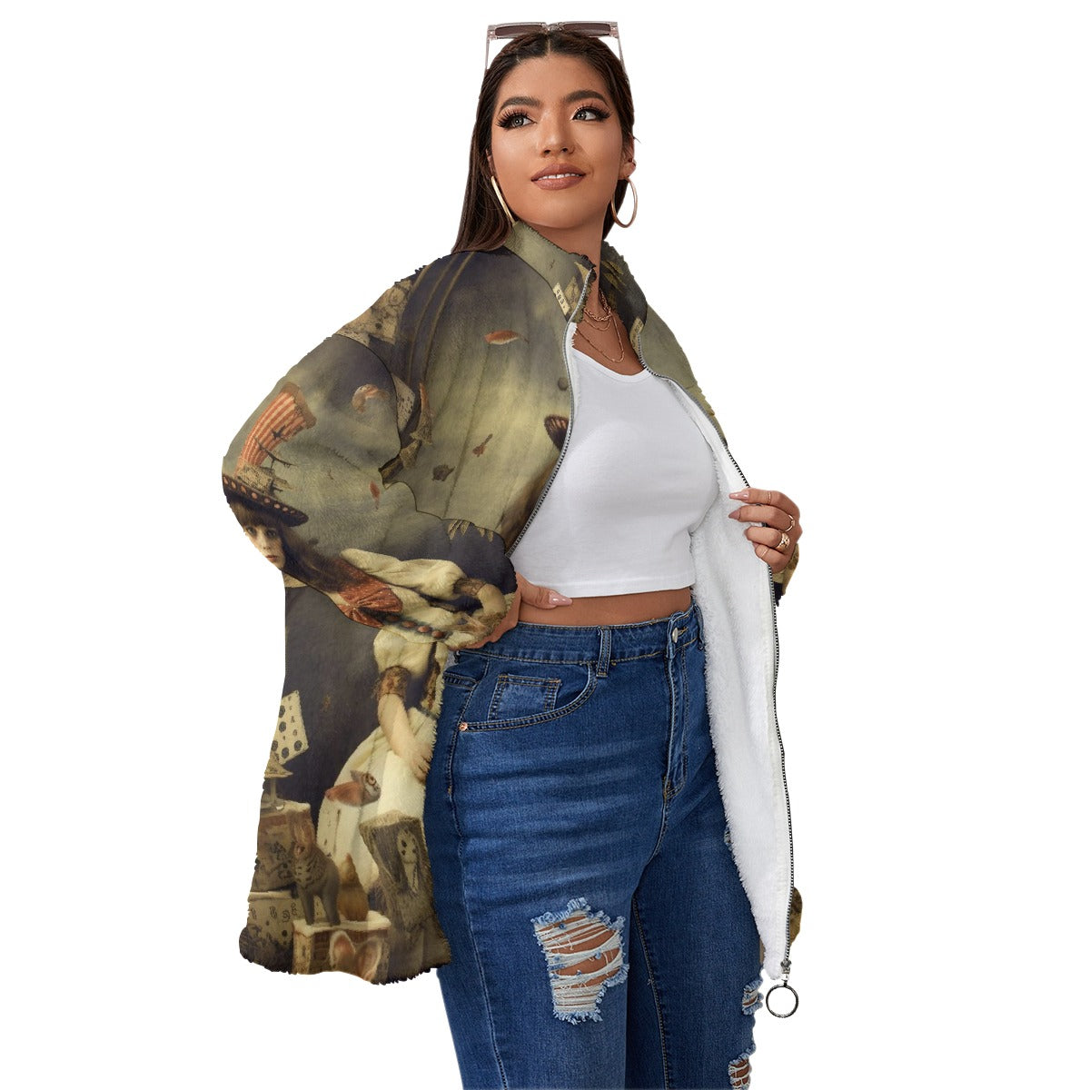 All-Over Print Unisex Borg Fleece Stand-up Collar Coat With Zipper Closure(Plus Size)