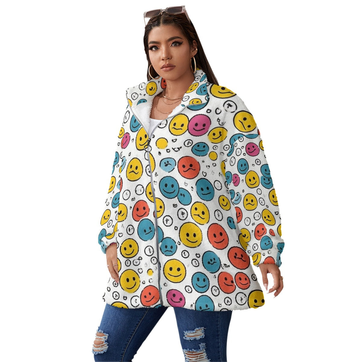 All-Over Print Unisex Borg Fleece Stand-up Collar Coat With Zipper Closure(Plus Size)