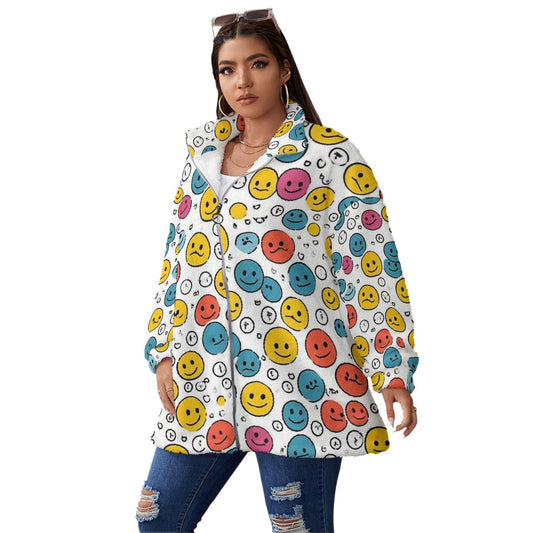 All-Over Print Unisex Borg Fleece Stand-up Collar Coat With Zipper Closure(Plus Size)