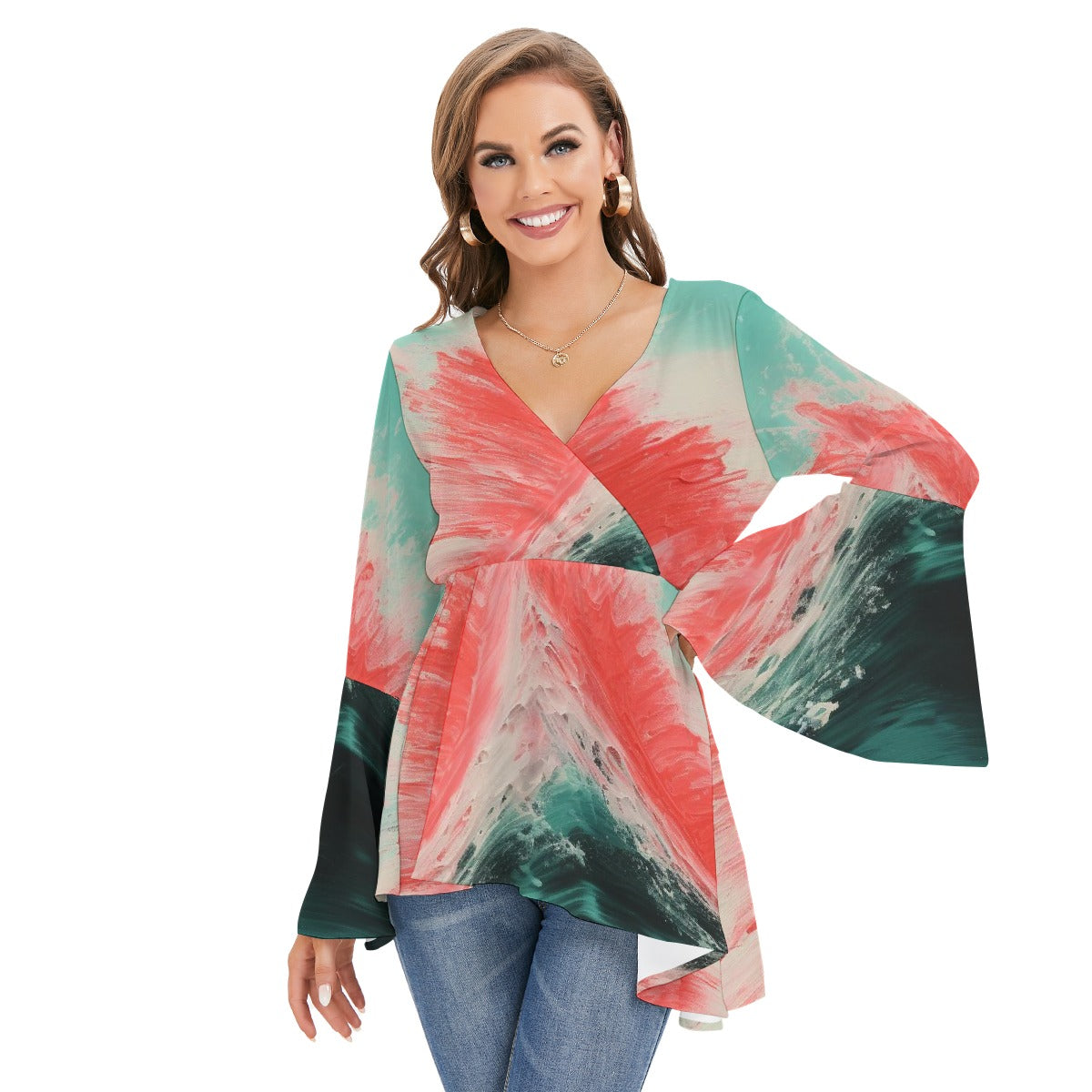 All-Over Print Women's V-neck Blouse With Flared Sleeves
