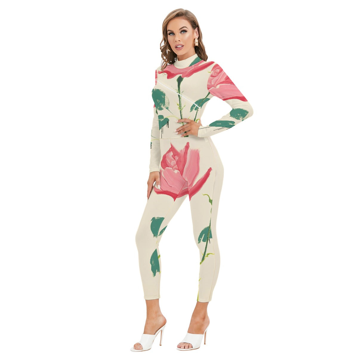 All-Over Print Women's Long-sleeved High-neck Jumpsuit With Zipper