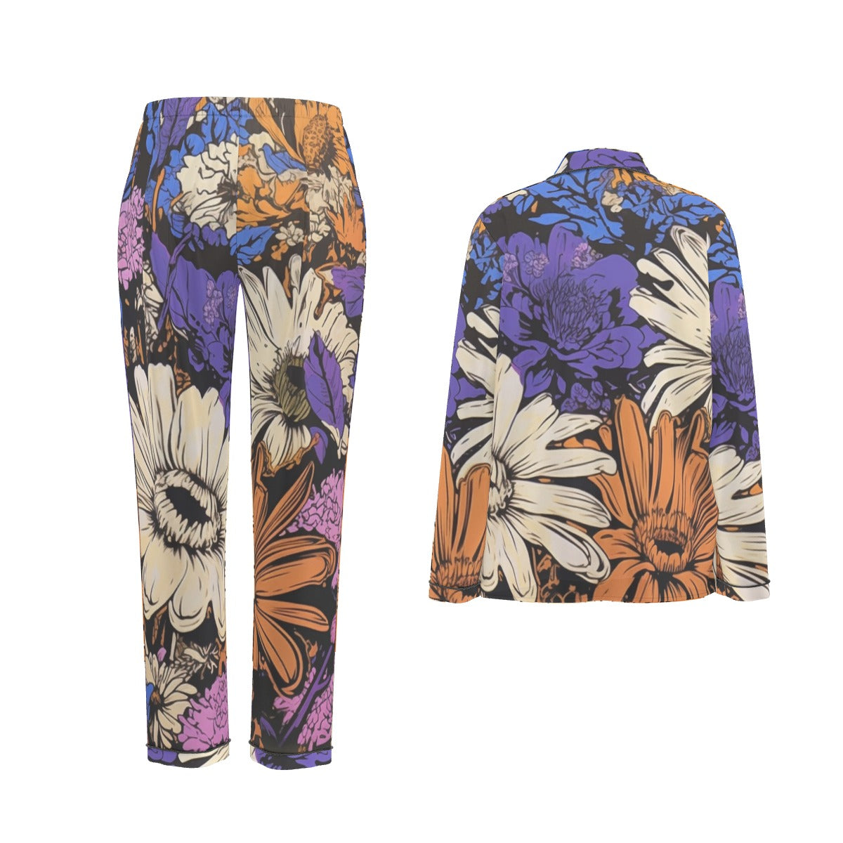 All-Over Print Women's Long Sleeve Pajama Set With Black Contrast Piping