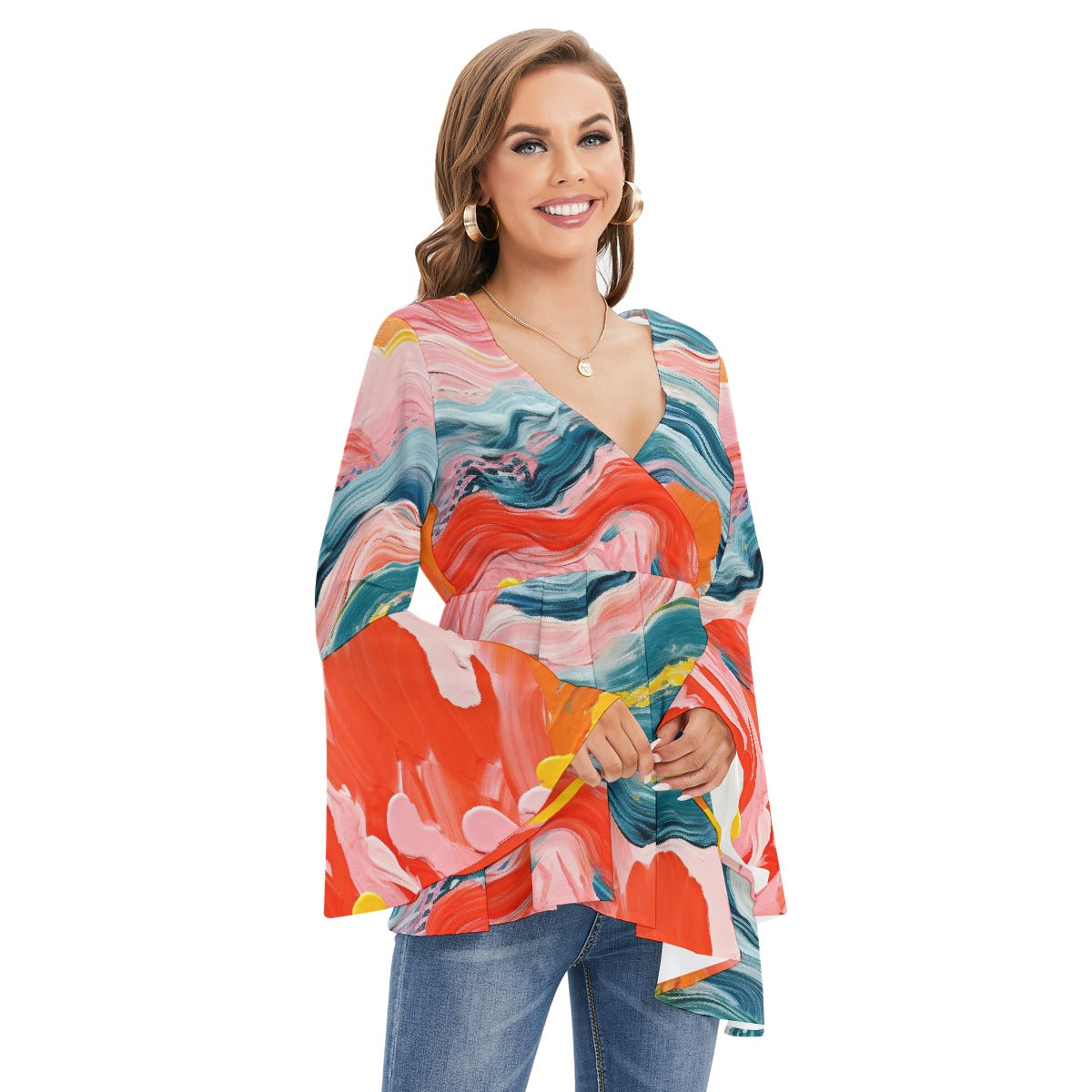 All-Over Print Women's V-neck Blouse With Flared Sleeves
