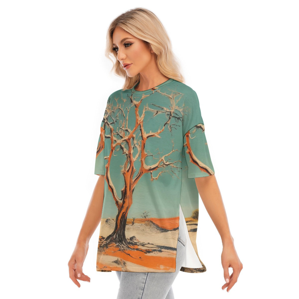 All-Over Print Women's Short Sleeves T-shirt With Hem Split