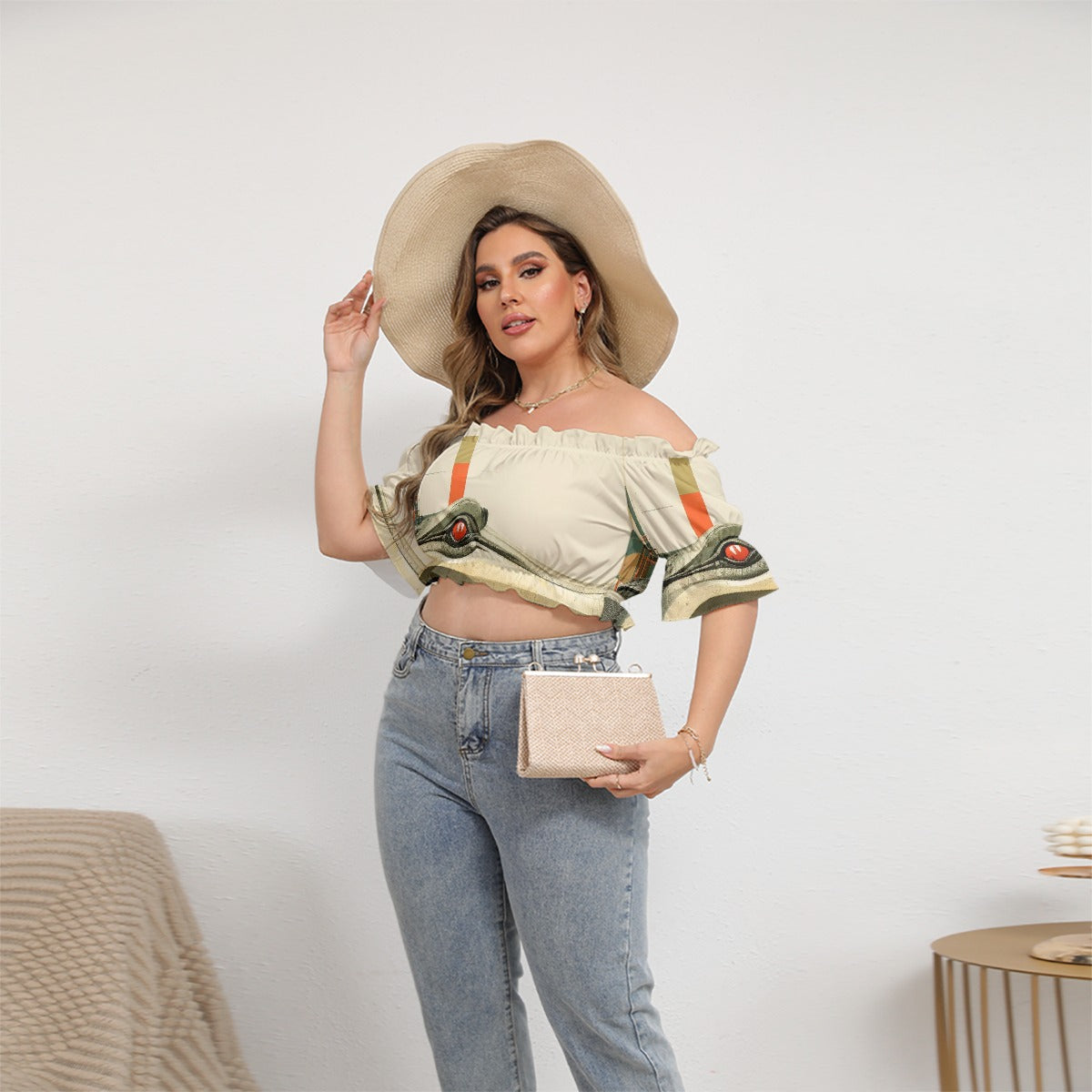 All-Over Print Women's Off-shoulder Cropped Top With Short Puff Sleeve
