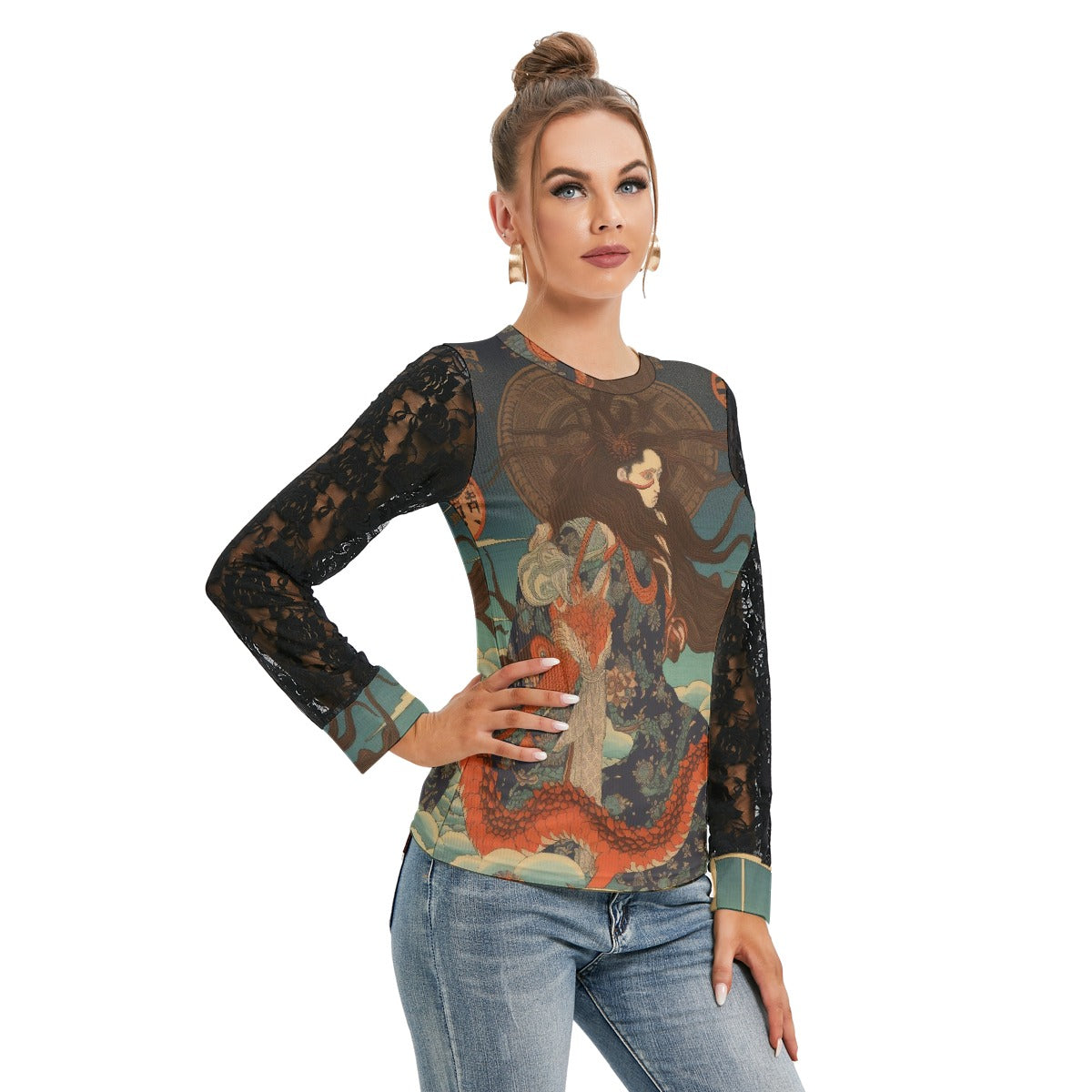 All-Over Print Women's T-shirt And Sleeve With Black Lace